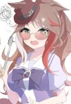  1girl ang animal_ears arnolddayo bow bowtie breasts brown_hair collarbone commentary_request ears_through_headwear fedora forever_young_(umamusume) green_eyes hat highres holding holding_tongs horse_ears horse_girl large_breasts long_hair looking_at_viewer multicolored_hair open_mouth puffy_short_sleeves puffy_sleeves purple-tinted_eyewear purple_bow purple_bowtie purple_shirt red-tinted_eyewear red_streaks sailor_collar sailor_shirt school_uniform shirt short_sleeves solo streaked_hair sunglasses sweatdrop tinted_eyewear tongs tracen_school_uniform umamusume upper_body white_sailor_collar white_streaks 