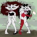 2022 20th_century_fox anthro belowaverage black_hair breasts brown_hair clothing digital_media_(artwork) domestic_cat dress duo eek!_the_cat eyeshadow felid feline felis female flag footwear fox_kids fur gloves hair handwear hi_res lips makeup mammal nelvana open_mouth pam_(eek!_the_cat) polly_(eek!_the_cat) smoke teeth torn_clothing torn_dress torn_footwear torn_gloves torn_handwear torn_shoes whiskers white_body white_flag white_fur wounded