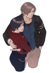  1boy 1girl ada_wong arm_around_another's_back beard_stubble black_gloves black_hair black_jacket black_pants blue_shirt breasts brown_hair brown_pants collared_shirt commentary_request couple cowboy_shot cropped_legs crossed_arms facial_hair gloves hand_in_pocket hetero highres jacket leon_s._kennedy medium_breasts namiru319 pants parted_bangs red_shirt resident_evil resident_evil_6 shirt short_hair stubble twitter_username undershirt white_background 