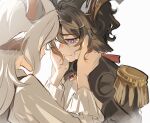  2boys animal_ears arknights ascot black_jacket blush brown_hair comforting commentary crying crying_with_eyes_open ebenholz_(arknights) epaulettes facing_viewer fuyao_(kafeiwww) goat_boy goat_ears goat_horns highres horns jacket kreide_(arknights) looking_down male_focus multiple_boys nose_blush purple_eyes shirt short_hair tears upper_body white_ascot white_hair white_shirt yaoi 