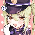  1girl blue_archive blue_coat blue_hat blush buttons coat commentary_request dot_nose double-breasted earrings fang gloves green_hair hand_up hat high_collar jewelry looking_at_viewer musical_note nozomi_(blue_archive) onibi_(demonsfireonibi) open_mouth peaked_cap pink_background pointy_ears polka_dot polka_dot_background portrait simple_background single_earring skin_fang solo speech_bubble twintails white_gloves yellow_eyes 