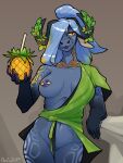 2026 3:4 anthro aquatic areola biped bovid breasts caprine chazcatrix clothed clothed_anthro clothed_female clothing digital_drawing_(artwork) digital_media_(artwork) female fingers front_view hair hi_res horn looking_at_viewer mammal mythological_creature mythological_marine mythology navel nipples sea_goat simple_background smile solo standing teeth tongue