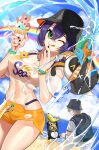  1boy 1girl :p ;p bangboo_(zenless_zone_zero) beach belle_(summer_skies)_(zenless_zone_zero) belle_(zenless_zone_zero) black_nails blue_hair blue_sky breasts bucket_hat cloud commentary_request crop_top day eous_(zenless_zone_zero) fish food green_eyes grey_hair hat highres holding holding_food holding_ice_cream ice_cream looking_at_viewer navel ocean official_alternate_costume one_eye_closed orange_shorts outdoors penguinboo_(zenless_zone_zero) rainbow rickadd9 sand see-through_clothes shirt short_hair shorts sky smile swimsuit tied_shirt tongue tongue_out water white_shirt wise_(peaceful_waves)_(zenless_zone_zero) wise_(zenless_zone_zero) zenless_zone_zero 