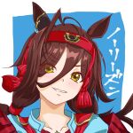  1girl absurdres animal_ears antenna_hair armor blush brown_hair collarbone commentary_request hair_between_eyes hair_ornament headband highres horse_ears horse_girl long_hair looking_at_viewer no_reason_(speedy_red_armor)_(umamusume) no_reason_(umamusume) open_mouth panch4989new portrait red_headband shoulder_armor smile solo umamusume yellow_eyes 