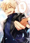  1boy alternate_costume bakugou_katsuki black_jacket blonde_hair blue_shirt boku_no_hero_academia collared_shirt commentary_request cowboy_shot highres jacket lapels looking_at_viewer male_focus notched_lapels open_clothes open_jacket open_mouth outdoors outstretched_arm parted_bangs reaching reaching_towards_viewer red_eyes scar scar_on_cheek scar_on_face shirt solo speech_bubble spiked_hair subgenjin1600 teeth tongue translation_request uneven_eyes upper_teeth_only watermark zipper zipper_pull_tab 