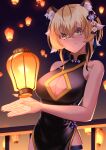  1girl absurdres animal_ear_fluff animal_ears bare_shoulders black_dress blonde_hair breasts china_dress chinese_clothes cleavage cleavage_cutout closed_mouth clothing_cutout commentary commission dress english_commentary fingernails globie hair_between_eyes highres lantern looking_at_viewer medium_breasts medium_hair night outdoors paper_lantern railing sharp_fingernails shuazir solo taring_hu thigh_strap vgen_commission virtual_youtuber yellow_eyes 