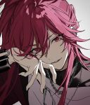  1boy absurdres arm_up black_shirt bracelet chain double-parted_bangs ensemble_stars! grey_background hair_between_eyes highres jewelry long_hair madoka_nozomi male_focus necklace nozz177 parted_hair parted_lips portrait red_eyes red_hair shirt smile solo 