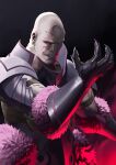  1boy absurdres armor bald beard black_armor black_background black_gauntlets commentary_request earrings facial_hair fire_emblem fire_emblem_fates fur_trim hans_(fire_emblem) highres jewelry looking_at_viewer male_focus pelt red_eyes shoko_(pixiv_74769700) simple_background smile solo teeth upper_body 