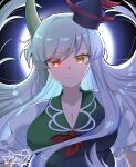  1girl blue_dress blue_hat breasts cleavage closed_mouth commentary_request dress dual_persona ex-keine floating_hair frown full_moon gradient_clothes gradient_dress green_dress grey_hair hat heterochromia highres horns kamishirasawa_keine large_breasts long_hair looking_at_viewer moon partial_transformation puffy_short_sleeves puffy_sleeves quokgtwbic3924 red_eyes short_sleeves single_horn straight-on touhou two-tone_dress upper_body v-shaped_eyebrows yellow_eyes 