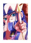  1girl arrow_(projectile) asirpa blue_eyes blue_hair border close-up commentary_request dctroo_08 earrings eyelashes golden_kamuy headband highres holding holding_arrow hoop_earrings jewelry long_hair looking_at_viewer solo white_border 