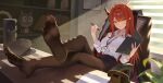  absurdres ahoge antique_phone bad_id bad_twitter_id black_jacket black_pantyhose black_skirt blurry blurry_foreground blush book bookshelf breasts button_gap cat certificate chair character_name collarbone collared_shirt commentary_request crossed_legs desk dress_shirt earrings feet feet_on_table folder has_bad_revision has_watermarked_revision hat highres holding holding_folder holding_pen horns jacket jewelry korean_commentary long_hair looking_at_viewer looood_park medium_breasts military_hat mole mole_under_eye name_tag no_shoes office_chair on_chair pantyhose paper pen pencil_skirt phone plant pointy_ears purple_eyes red_hair rega rotary_phone shadow shirt single_horn skirt smile soles sparkle sunlight swivel_chair thermos toes unworn_jacket vase virtual_youtuber vrecord watch white_shirt window window_blinds wristwatch 