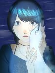  1boy 1girl asou_yuu black_choker black_eyes black_hair blue_shirt choker closed_mouth commentary crying crying_with_eyes_open fatal_frame fatal_frame_iii:_the_tormented hand_on_another's_cheek hand_on_another's_face hand_on_another's_hand hand_on_another's_wrist hands_up highres kurosawa_rei looking_at_viewer mole mole_under_eye pale_skin pov pov_hands raised_eyebrows shirt short_hair solo_focus tears untranslatable_commentary upper_body water wide-eyed yukiame 