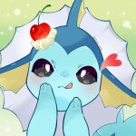  black_eyes cherry commentary_request fins food fruit head_fins heart highres licking_lips no_humans no_sclera pokemon pokemon_(creature) pokemon_focus pom_pona smile solo tongue tongue_out twitter_username vaporeon whipped_cream 