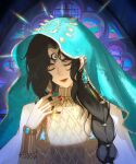  1girl black_hair bracelet braid braided_ponytail closed_eyes closed_mouth commentary_request dress earrings facial_mark forehead_mark futa_(pywr8843) jewelry long_hair maggie_(sultan's_game) red_nails short_sleeves solo sultan's_game upper_body veil 
