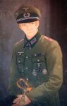  1boy badge black_hat blonde_hair blue_eyes breast_pocket buttons closed_mouth collared_jacket commentary_request contrast_collar cross english_commentary green_hat green_jacket grey_background hat highres iron_cross jacket long_sleeves looking_at_viewer male_focus mature_male military military_dress_uniform military_hat military_uniform mixed-language_commentary multicolored_hat nose original peaked_cap pocket reichsadler ribbon_bar scratches short_hair shoulder_boards solo upper_body very_short_hair wehrmacht wintergewitter world_war_ii 