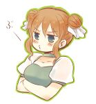 1girl annoyed blush breasts choker commentary_request cropped_torso crossed_arms double_bun fire_emblem fire_emblem:_the_binding_blade green_choker green_eyes green_trim hair_bun larum_(fire_emblem) lowres o3o orange_hair see-through_clothes see-through_sleeves serina_ranshi short_sleeves simple_background small_breasts solo whistling white_background 