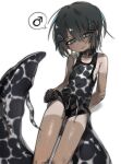  1boy animal_collar animal_print arm_behind_back bandaid bandaid_on_arm bandaid_on_knee bandaid_on_leg bare_shoulders black_gloves black_hair black_shorts blue_eyes blush collar cow_print cowboy_shot dark-skinned_male dark_skin drugs_neko frown gloves highres looking_at_viewer male_focus mars_symbol no_pupils original pectorals shiny_skin shorts sidepec solo spoken_mars_symbol tan tank_top tanlines white_background 