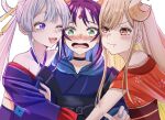  3girls :d :t ;d animal_ears arm_hug bare_shoulders belt belt_buckle black_belt black_choker black_sash blonde_hair blue_nails blunt_sidelocks blush brown_sash buckle center-flap_bangs cho_kaguya-hime! choker choppy_bangs closed_mouth clothing_cutout commentary_request crescent crescent_hair_ornament criss-cross_halter diamond_(shape) diamond_facial_mark dot_nose double-parted_bangs embarrassed extra_ears eyeliner facial_mark fingernails floppy_ears floral_print floral_print_kimono forehead_jewel frown furrowed_brow girl_sandwich green_eyes grey_hair hair_ornament hair_rings halterneck hood hood_down japanese_clothes jealous kaguya_(cho_kaguya-hime!) kanzashi kimono kuribou long_hair long_sidelocks long_sleeves lop_rabbit_ears love_triangle makeup multiple_girls nail_polish nose_blush obi obijime off_shoulder one_eye_closed open_mouth orange_eyes ponytail pout print_kimono puffy_cheeks purple_eyes purple_hair purple_kimono rabbit_ears rabbit_girl raised_inner_eyebrows red_eyeliner red_kimono runami_yachiyo sakayori_iroha sandwiched sash short_hair short_sleeves shoulder_cutout sidelocks simple_background single_hair_ring smile straight_hair swept_bangs thick_eyebrows upper_body v-shaped_eyebrows wavy_mouth white_background wide-eyed yellow_sash yuri 
