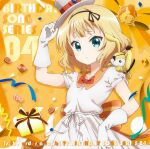  1girl adjusting_clothes adjusting_headwear album_cover aqua_eyes back_bow blonde_hair blue_eyes bow bowtie box closed_mouth confetti cookie copyright_name cover dress english_text eyepatch food gift gift_box gloves gochuumon_wa_usagi_desu_ka? hand_on_headwear happy_birthday hat highres kirima_syaro looking_at_viewer mini_hat official_art orange_background orange_bow orange_sailor_collar puffy_short_sleeves puffy_sleeves red_bow ribbon sailor_collar short_hair short_sleeves solo striped_bow stuffed_animal stuffed_rabbit stuffed_toy tilted_headwear top_hat white_dress white_gloves white_hat 