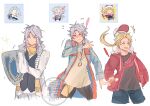  ! 3boys bag baseball_cap blonde_hair brown_eyes chibi closed_mouth coat collarbone commentary_request company_name copyright_notice crossbody_bag dissidia_duellum_final_fantasy dissidia_final_fantasy ff14hioo_oo7 final_fantasy final_fantasy_i final_fantasy_ii final_fantasy_iii firion firion_(exotic_wanderer) from_side green_eyes grey_hair hat holding holding_shield hood hooded_coat jewelry korean_commentary long_hair looking_to_the_side male_focus multiple_boys necklace official_alternate_costume onion_knight onion_knight_(knight_in_shining_streetwear) plaid_clothes plaid_coat ponytail red_coat scarf shield simple_background solo upper_body v-neck warrior_of_light_(ff1) warrior_of_light_(twilight_overcoat)_(ff1) white_coat yellow_scarf 