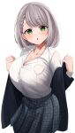  1girl absurdres black_jacket blue_skirt blush braid breasts cleavage collared_shirt commentary_request cowboy_shot green_eyes grey_hair hands_up highres hololive hot jacket jacket_partially_removed large_breasts long_sleeves looking_at_viewer official_alternate_costume open_mouth plaid_clothes plaid_skirt pleated_skirt ramkilog removing_jacket school_uniform shirogane_noel shirogane_noel_(school_uniform) shirt short_hair simple_background skirt solo sweat tented_shirt virtual_youtuber white_background white_shirt 