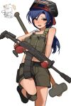  2girls ammunition_pouch backwards_hat baseball_cap blue_hair brown_eyes bulletproof_vest commentary cosplay escape_from_tarkov facing_viewer fingerless_gloves gloves green_shirt gun hammer hat highres holding holding_gun holding_weapon idolmaster idolmaster_(classic) killa_(escape_from_tarkov) kisaragi_chihaya leg_up load_bearing_vest long_hair looking_to_the_side low_ponytail multiple_girls ponytail pouch raised_inner_eyebrows red_gloves red_hat saiga-12 shirt shotgun sideways_glance simple_background sledgehammer soayo solo_focus standing standing_on_one_leg tagilla_(escape_from_tarkov) tagilla_(escape_from_tarkov)_(cosplay) takatsuki_yayoi trigger_discipline untranslatable_commentary weapon weapon_on_back welding_mask white_background 