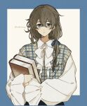  1girl blue_background blue_border blue_eyes blue_ribbon book border bow bowtie brown_hair closed_mouth collared_shirt frilled_sleeves frills hair_between_eyes hair_over_shoulder highres holding holding_book long_hair long_sleeves looking_at_viewer low_ponytail original ponytail puffy_long_sleeves puffy_sleeves ribbon shirt solo white_bow white_bowtie white_shirt yubetoup 