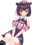  1girl animal_print arms_between_legs bare_shoulders black_hair black_necktie black_skirt black_socks blush breasts center_frills closed_mouth commentary_request crossed_bangs double_bun dutch_angle feet_out_of_frame frilled_shirt frilled_skirt frills green_eyes hair_between_eyes hair_bun hair_intakes heart heart_print high-waist_skirt highres jirai_kei kneehighs limelight_lemonade_jam looking_at_viewer medium_hair mole mole_under_eye multicolored_hair nabari_anju necktie off-shoulder_shirt off_shoulder pink_shirt pink_streaks pleated_skirt print_necktie puffy_short_sleeves puffy_sleeves rabbit_print shirt short_necktie short_sleeves simple_background sitting skirt small_breasts smile socks solo split_mouth streaked_hair v_arms white_background yokoshima_akunusu 