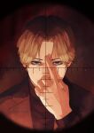  1boy arm_up black_shirt blonde_hair blue_eyes commentary crosshair curtained_hair empty_eyes english_commentary grey_jacket jacket johan_liebert lapels lightningstrikes long_sleeves male_focus monster_(manga) notched_lapels open_clothes open_jacket pointing_at_forehead shirt short_hair solo turtleneck upper_body watermark 