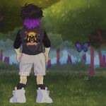  1boy 2023 alternate_costume alternate_hair_color alternate_universe antenna_hair artist_name black_hair black_socks bug butterfly commentary english_commentary from_behind grass highres invisible_floor madnopost male_focus omariposa omori purple_hair shoes short_hair short_sleeves shorts sneakers socks solo standing sunny_(omori) tree white_shoes white_shorts 