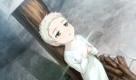  1girl androgynous artist_request blonde_hair card_commentary cobblestone collarbone commentary day dot_nose dress embers exhausted feet_out_of_frame game_asset glowing green_eyes grey_dress half-closed_eyes highres imminent_death jeanne_d'arc_(madoka_magica) light_blush light_particles long_dress long_sleeves mahou_shoujo_madoka_magica mahou_shoujo_madoka_magica_magia_exedra mahou_shoujo_tart_magica official_art outdoors own_hands_together parted_lips shaded_face shadow short_hair solo third-party_source 