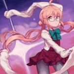  1girl ahoge arm_up blue-framed_eyewear blue_bow blue_bowtie bow bowtie collared_shirt commentary_request dress glasses grey_pantyhose hair_bun hatomugi_seika kantai_collection long_hair long_sleeves looking_at_viewer makigumo_(kancolle) pantyhose pink_background pink_hair purple_background red_dress shirt simple_background sleeveless sleeveless_dress sleeves_past_fingers sleeves_past_wrists solo sparkle twintails very_long_hair white_shirt yellow_eyes 