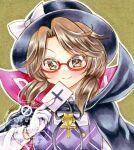  1girl black_cape black_hat black_ribbon blush bow brown_eyes brown_hair cape closed_mouth collared_shirt commentary glasses gloves hat hat_bow highres holding long_sleeves looking_at_viewer neck_ribbon nekofish666 plaid_clothes plaid_vest purple_vest red-framed_eyewear red_cape ribbon semi-rimless_eyewear shirt smile solo touhou traditional_media two-sided_cape two-sided_fabric under-rim_eyewear upper_body usami_sumireko vest watermark white_bow white_gloves white_shirt zener_card 