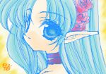  1girl bad_id blue_eyes blue_hair choker colored_lineart commentary_request flower hair_flower hair_ornament hibiki_seiya jaggy_lines long_hair long_pointy_ears lowres original parted_lips pointy_ears portrait purple_choker red_flower solo 