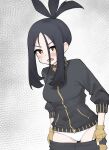  1girl black_hair black_pants blue_jacket blush breasts clothes_pull commentary_request cowboy_shot cross_scar dendra_(pokemon) fingerless_gloves gloves grey_background high_collar high_ponytail highres jacket long_hair long_sidelocks looking_at_viewer medium_breasts nesumiru open_mouth panties pants pants_pull pokemon pokemon_scarlet_and_violet ponytail pulling_own_clothes scar scar_on_face scar_on_forehead sidelocks small_sweatdrop solo split_ponytail three-quarter_sleeves track_jacket underwear undressing v-shaped_eyebrows white_panties yellow_eyes yellow_gloves 
