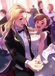  1boy 1girl :d bare_shoulders black_bow black_bowtie blonde_hair blurry blurry_background bow bowtie braid brown_hair christopher_weatherfield dancing dress formal_clothes hetero highres holding_hands indoors jewelry long_hair necklace osugi_illust protagonist_(tokimemo_gs2) short_hair smile tokimeki_memorial tokimeki_memorial_girl's_side tokimeki_memorial_girl's_side_2nd_kiss traditional_bowtie tuxedo white_dress 
