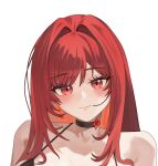  1girl bare_shoulders bikini black_bikini black_choker blush breasts choker commentary dalssi english_commentary goddess_of_victory:_nikke hair_intakes highres long_hair looking_at_viewer official_alternate_hair_color portrait rapi_(nikke) rapi_(red_hood)_(nikke) red_eyes red_hair simple_background smile solo swimsuit white_background 