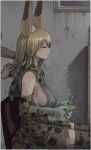  animal_ears blonde_hair breasts brushing_hair closed_eyes closed_mouth crack cracked_wall dilapidated drink drinking_straw hair_brush high-waist_skirt holding holding_drink i_love_serval kemono_friends large_breasts oekaki paint picture_frame print_legwear print_scarf scarf serval_(kemono_friends) serval_print sideboob sitting skirt smile stain tail thighhighs 