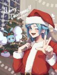  1boy :d ;d alternate_costume belt blue_eyes blue_hair brown_belt christmas christmas_tree commentary_request grusha_(pokemon) hands_up happy hat heart indoors jacket long_sleeves male_focus merry_christmas one_eye_closed open_mouth pokemon pokemon_scarlet_and_violet red_hat red_jacket santa_costume shigure_(pkmn12261485) smile teeth v window 