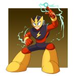  1boy android armor black_armor black_helmet blue_eyes border brown_background clenched_teeth closed_mouth elec_man electricity energy_ball fighting_stance full_body gloves helmet highres lightning_bolt_print lightning_bolt_symbol mega_man_(classic) mega_man_(series) mega_man_1 outside_border red_gloves robot robot_ears simple_background smile solo standing teeth toastiepumpkin two-tone_background white_background white_border 
