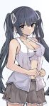  1girl absurdres bare_shoulders black_bow black_hair blush bow bow_bra bra breasts center_frills cleavage closed_mouth collarbone commentary_request covered_groin cowboy_shot eyelashes eyes_visible_through_hair frilled_bra frilled_shirt frilled_skirt frills grey_skirt hair_between_eyes hair_ribbon highres honma_misuzu lace-trimmed_ribbon lace_trim large_breasts long_hair looking_at_viewer miniskirt okamic open_clothes open_shirt red_eyes ribbon sakura_no_toki sakura_no_uta shirt sidelocks simple_background skirt sleeveless sleeveless_shirt solo twintails underwear very_long_hair white_background white_ribbon white_shirt 