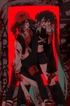  2girls baseball_bat baseball_cap black_hair black_jacket black_leggings black_pants black_shirt bleeding blood blue_eyes commentary_request drill_hair full_body hat hatsune_miku highres holding holding_baseball_bat jacket kasane_teto leggings long_hair multiple_girls open_mouth pants red_eyes red_hat shirt smile sunmegane twin_drills twintails utau very_long_hair vocaloid yararara_(synthesizer_v) 