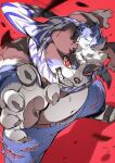 2026 5_fingers anthro biped bird's-eye_view blue_body blue_bottomwear blue_clothing blue_fur blue_hair blue_jeans blue_pants bottomwear brown_body brown_claws brown_fur brown_pawpads canid chiayeeee chromatic_aberration claws clothed clothed_anthro clothed_male clothing countershade_face countershade_fur countershade_torso countershading denim denim_bottomwear denim_clothing digital_drawing_(artwork) digital_media_(artwork) fangs finger_claws fingerpads fingers footwear foreshortening front_view frown full-length_portrait fur furrowed_eyebrows gums hair hi_res high-angle_view jeans looking_at_viewer looking_up looking_up_at_viewer male mammal motion_lines multicolored_body multicolored_fur navel pants pawpads plantigrade portrait pose pupils purple_scarf reaching_towards_viewer red_background red_eyes ringed_iris sandals scarf scowl shoes signature simple_background slightly_chubby slightly_chubby_anthro slightly_chubby_male snout solo tan_body tan_countershading tan_fur teeth torn_bottomwear torn_clothing torn_jeans torn_pants white_hair white_scarf white_sclera