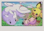  absurdres blue_sky cleffa closed_mouth cloud colored_sclera highres holding igglybuff no_humans onamuzi_illust open_mouth outdoors pichu pokemon pokemon_(creature) pokemon_focus red_sclera river sky togetic tree water wings 