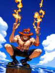  1boy abs barrel bead_necklace beads belt belt_buckle black_boots black_eyes black_shorts blue_sky boots borudbrian buckle cloud commentary english_commentary finger_gun fire freckles full_body hat highres jewelry looking_at_viewer male_focus muscular muscular_male necklace nipples no_shirt one_piece orange_hat pectorals portgas_d._ace red_belt shorts sky smile solo squatting teeth water wristband 