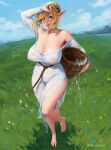 1girl ave_poppea bare_shoulders barefoot belt black_hole-shaped_pupils blonde_hair blue_eyes blush body_freckles braid breasts brown_belt bucket dress field fingernails freckles full-face_blush full_body grass grin hair_bun hand_on_own_head highres holding holding_bucket large_breasts legs lips long_fingernails long_hair looking_at_viewer mole mole_on_breast mole_under_eye mountain nail_polish nipple_indents no_bra no_panties nose nostrils original outdoors parted_lips red_nails shoulder_freckles smile solo teeth thighs toenail_polish toenails water wet wet_clothes wet_dress white_dress 