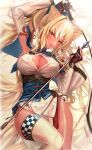  1girl arrow_(projectile) blonde_hair bow bow_(weapon) cleavage_cutout clothing_cutout dark-skinned_female dark_skin detached_sleeves elf garter_straps gloves hair_bow half_gloves high_ponytail highres holding holding_arrow holding_bow_(weapon) holding_weapon hololive hololive_fantasy kinalilet long_hair multicolored_hair pointy_ears shiranui_flare streaked_hair virtual_youtuber weapon white_garter_straps white_gloves 