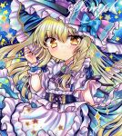  1girl alternate_costume apron blonde_hair blue_bow blue_hat blue_skirt blue_wrist_cuffs blush bow braid closed_mouth commentary_request frilled_wrist_cuffs frills hair_bow hand_on_headwear hat hat_bow kirisame_marisa long_hair looking_at_viewer marker_(medium) rui_(sugar3) sample_watermark side_braid single_braid skirt sleeve_bow solo star_(symbol) touhou traditional_media very_long_hair waist_apron watermark white_apron witch_hat wrist_cuffs yellow_eyes 