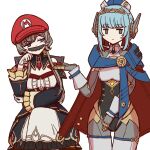  android black_collar black_sleeves blue_cape bonnet braid braided_hair_rings cape collar fatui_coat genshin_impact greedydeviant hair_rings ineffa_(genshin_impact) joints large_forehead mario mario_(series) mario_hat mechanical_arms mechanical_legs metal_skin robot_ears robot_girl robot_joints sandrone_(genshin_impact) screw_hair_ornament simple_background x_hat_ornament 