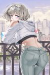  1girl absurdres ass black_sports_bra blue_eyes building city cityscape clothing_cutout commentary_request cropped_sweater earbuds earphones from_behind goddess_of_victory:_nikke green_pants grey_hair headband highres hood hooded_sweater hp1598 official_alternate_costume outdoors pants prika_(cool_paprika)_(nikke) prika_(nikke) shoulder_cutout sky solo sports_bra sweater white_headband white_sweater 